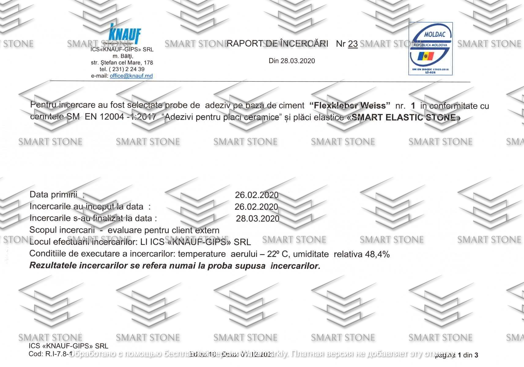 Отчёт KNAUF-GIPS №23 об испытании SMART ELASTIC STONE