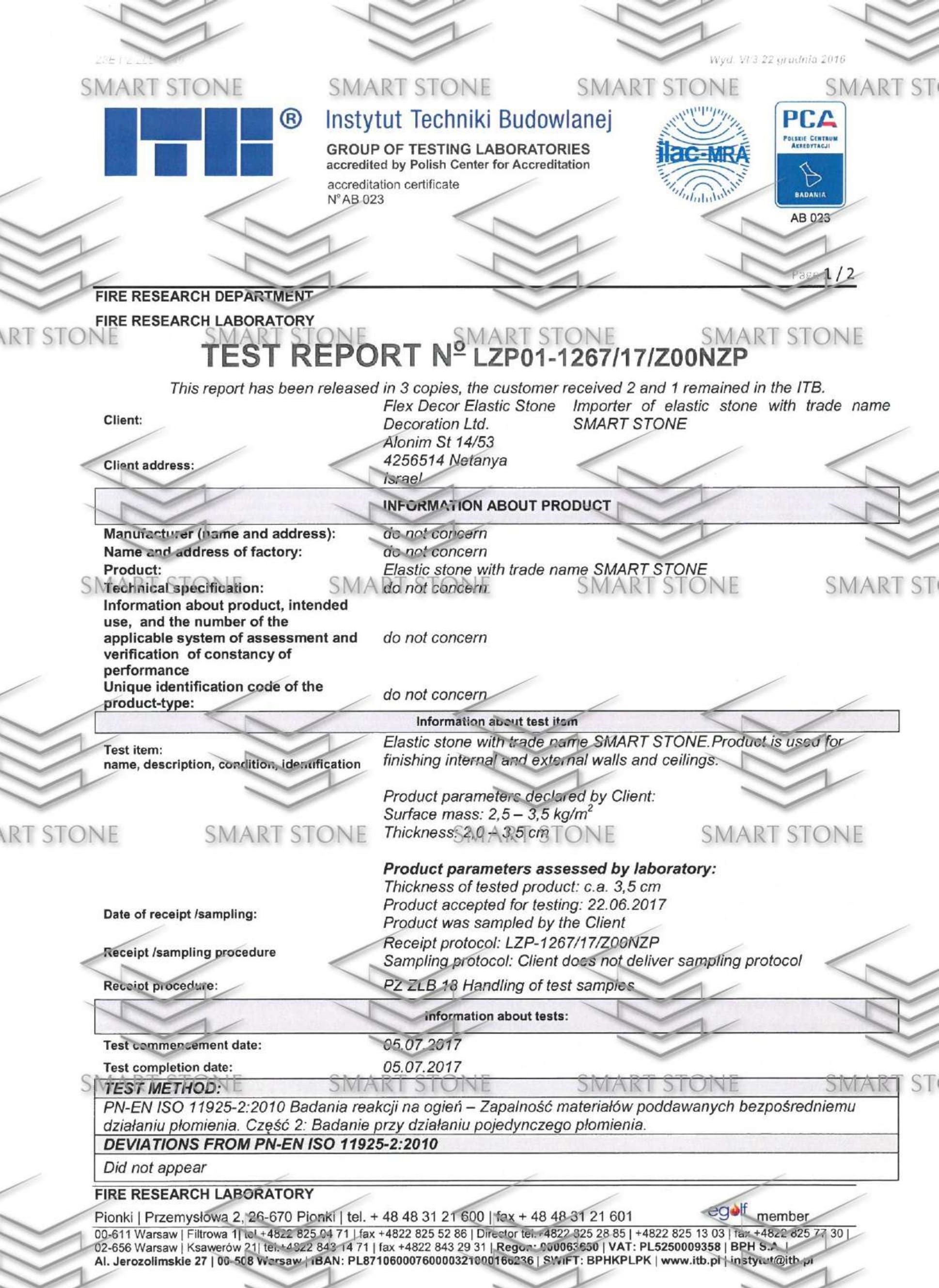 Raport de &icirc;ncercare ITB pentru SMART STONE conform PN-EN ISO 11925-2